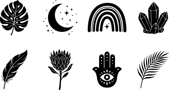 Bohemian decor and mystical elements collection featuring crystals monstera leaf moon and hamsa hand vector icons