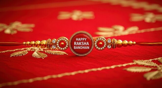 Happy raksha bandhan gold bracelet with decorative feathers and red background