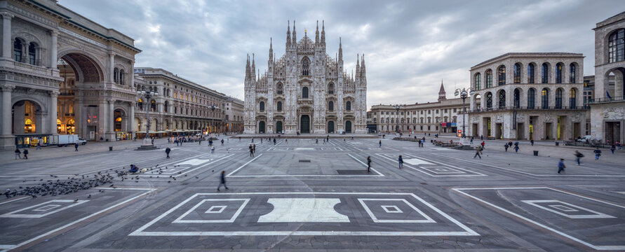 Piazza del Duomo (Cathedral Square) panorama with Milan Cathedral and Galleria Vittorio Emanuele II, Milan, Italy