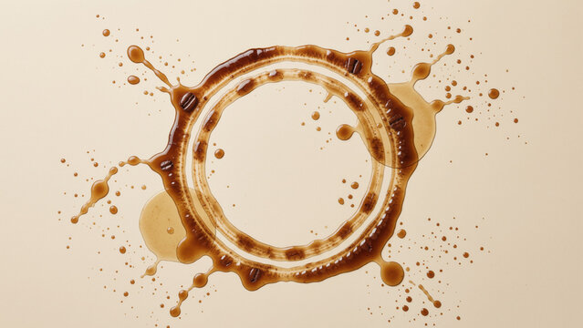 Dynamic coffee ring stain with energetic brown liquid splashes. Unexpected beverage spill creating messy, surprising design
