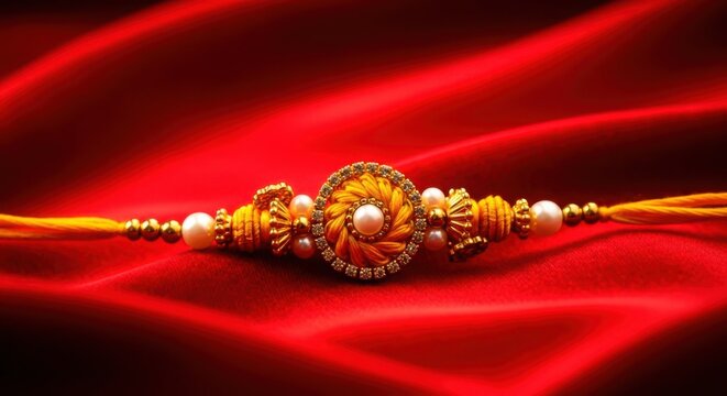 Traditional gold and pearl rakhi bracelet on red fabric