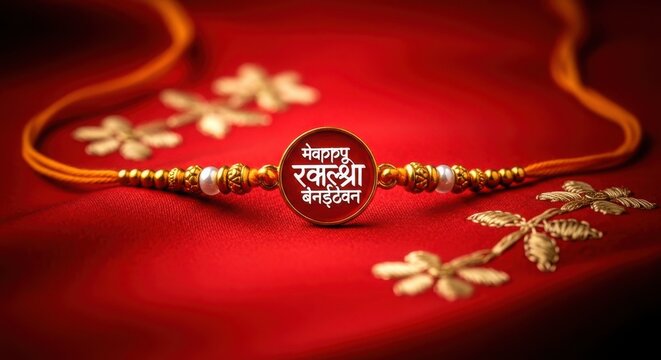 Traditional gold rakhi with floral designs on red background