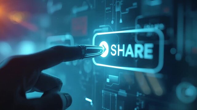 Share button digital interface finger touch animation concept showing futuristic glowing blue network connectivity and data communication video technology