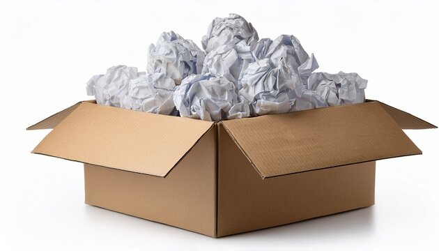 open box filled with crumpled paper balls isolated on white background