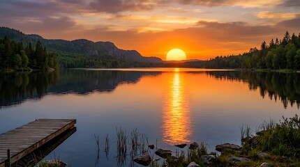 Obraz premium Serene lake at sunset with vibrant orange sky and reflections.
