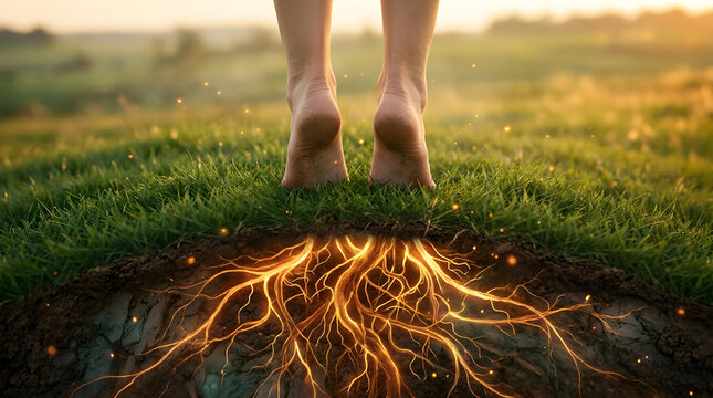 Person standing barefoot on grass with glowing roots underneath representing grounding and connection to nature