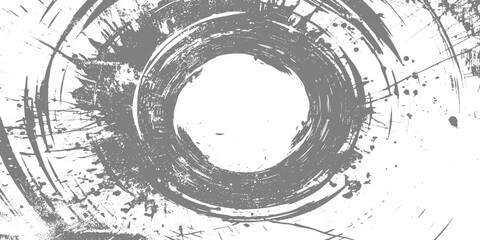 Obraz premium Minimalist black ink brush circle abstract grunge splatter texture background design, Japanese Zen art, monochrome design, clean white background, modern calligraphy, artistic ink splash.