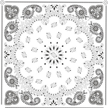 Elegant black and white paisley bandana pattern with intricate floral and ornamental motifs, traditional boho style art. Seamless pattern for textile prints on fabric and wallpaper