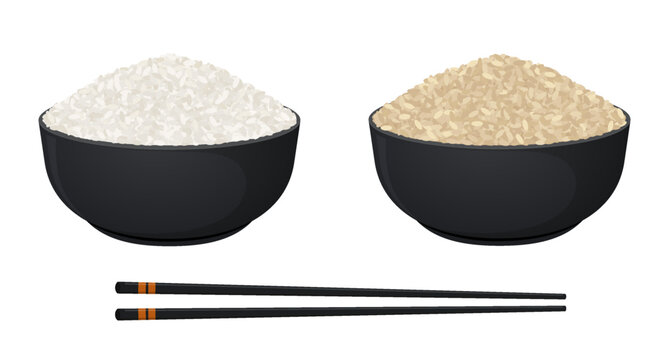 Bowl with rice and chopsticks. Organic white and brown rice on white background.
