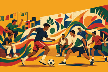 Group of young people playing street soccer against a colorful mural © niloy