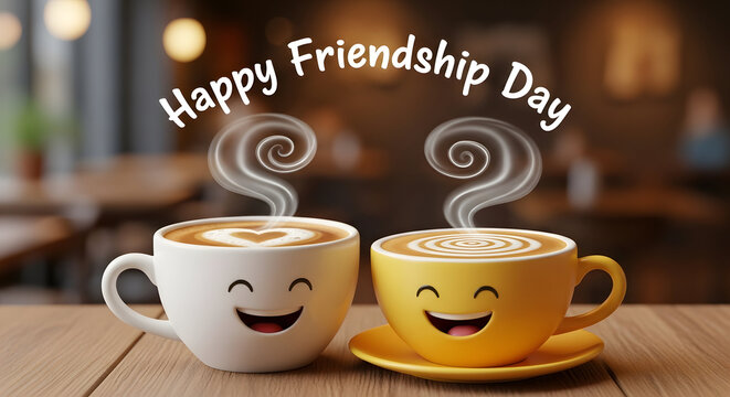 Happy friendship day message with two smiling coffee cups on wooden table