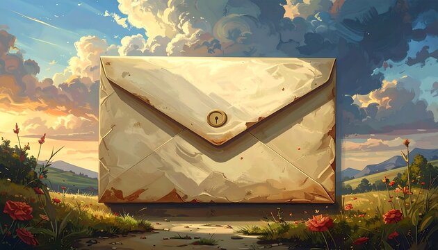 Large, aged envelope with a keyhole clasp, set in a sunny field with flowers, rolling hills, and a dramatic sky