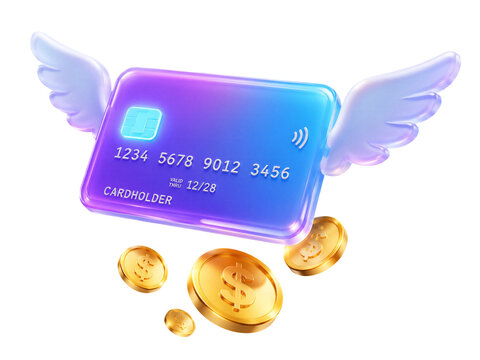 3D credit card icon with wings flying above gold coins, fast transaction, secure online payment and cashback concept, isolated