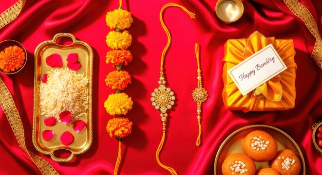 Traditional indian sweets and rangoli decorations on red fabric