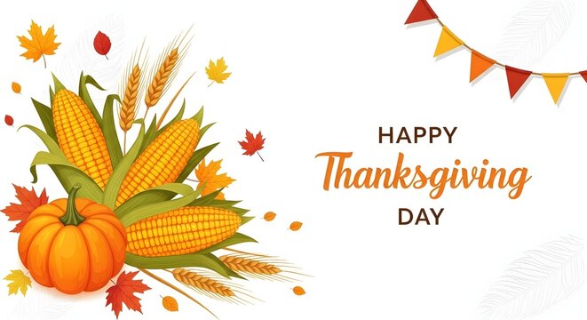 Happy thanksgiving day celebration with corn pumpkin and leaves