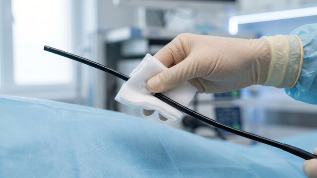 Healthcare professional's gloved hand cleaning a medical endoscope with sterile gauze in a hospital.