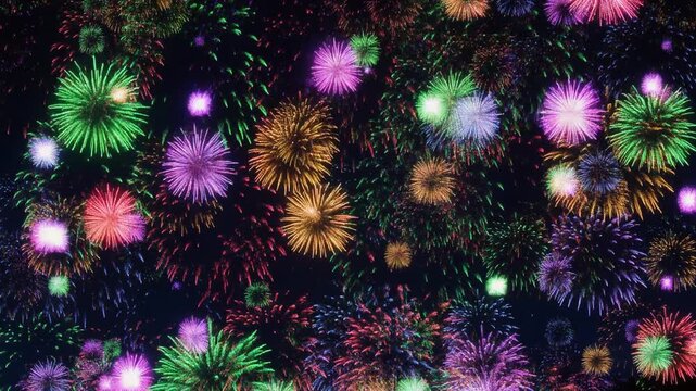 Vibrant and colorful fireworks display exploding in the dark night sky during a celebratory event or festive holiday gathering