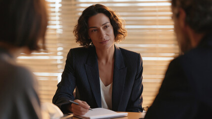 Naklejka premium Female HR professional conducts confidential intake interview across small table, taking notes with calm empathy in private workplace harassment reporting setting.