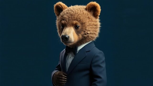 Bear wearing tuxedo suit animation loop featuring a sophisticated animal character dressed for a formal event in digital video footage
