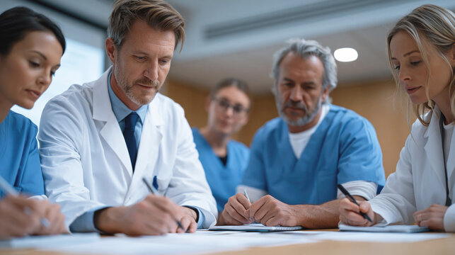 Medical team of doctors and nurses take notes together during a focused hospital meeting or clinical training session.