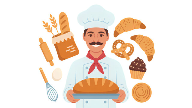 Flat design illustration of baking ingredients and tools on a clean surface