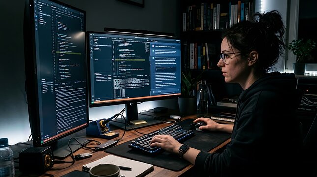 Woman programmer working late at night on multiple computer screens.