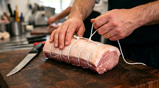 Butcher hands tightening butchers twine around a raw pork loin roast on a dark wooden cutting board