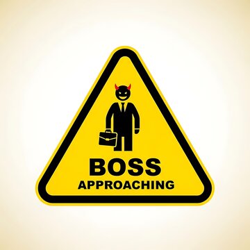 Caution sign boss approaching office worker silhouette.