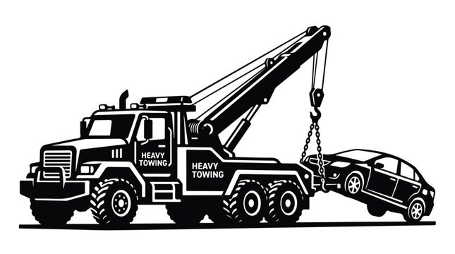 Heavy-duty tow truck lifting a compact car with a hydraulic crane on a city street during daytime