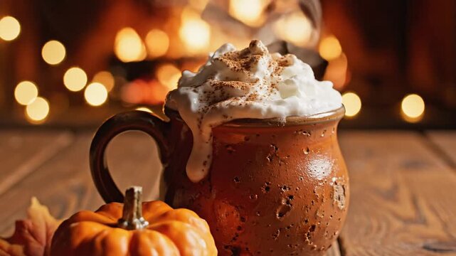 Ceramic mug with whipped cream and cinnamon topping on a rustic wooden table alongside a mini pumpkin and star anise, with a warm blurred fireplace background and bokeh lights.