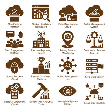 Set of e-voting and civic engagement cloud computing line icons with election