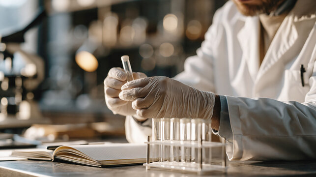 Scientist in gloves handles test tubes beside a lab notebook during careful research in a dim laboratory.