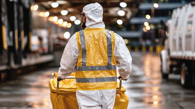 Pharmaceutical waste technician in protective suit pushes sharps container cart across wet hospital loading dock at dusk, highlighting safe medical disposal.