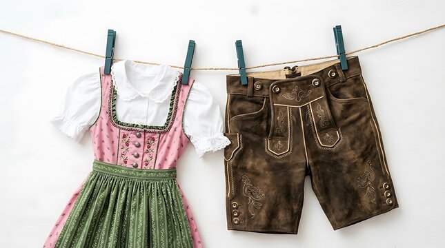 Oktoberfest traditional attire pink dirndl dress and brown lederhosen