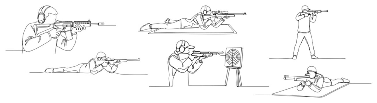 Shooting range training with rifles in various positions minimalist continuous one line drawing