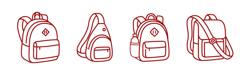 minimalist line art vector illustration collection featuring four types of student backpacks. Includes classic school bags, a trendy one-shoulder sling backpack, a schoolbag with a water bottle pocket © _kholod