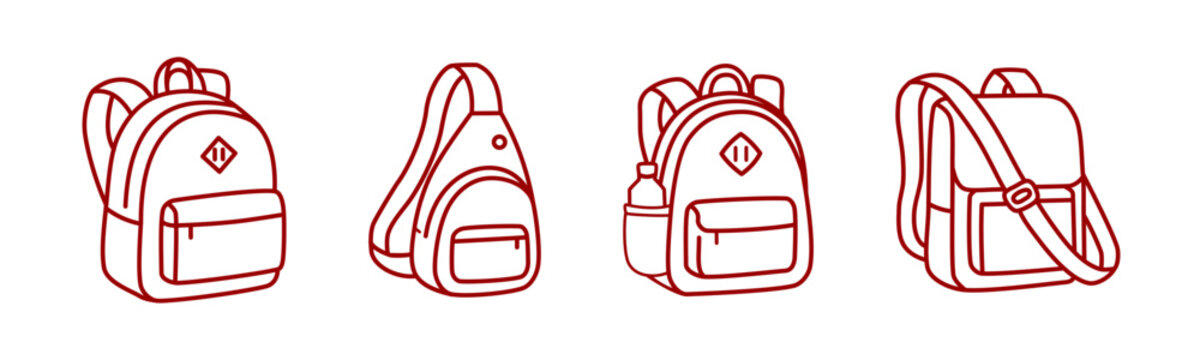 minimalist line art vector illustration collection featuring four types of student backpacks. Includes classic school bags, a trendy one-shoulder sling backpack, a schoolbag with a water bottle pocket