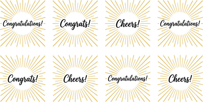 Celebratory sunburst designs illustration with gold rays, congratulations text, cheers message, decorative card layout, and vector artwork elements