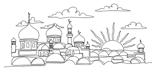 Islamic city silhouette with mosque domes and rising sun in desert continuous line art style © Alicja