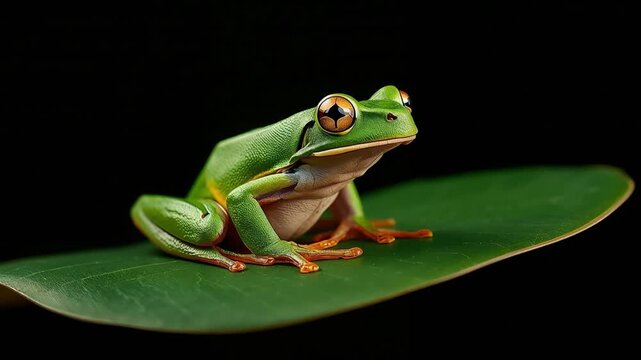Green tree frog sitting on a leaf in this detailed macro video footage showing exotic rainforest wildlife animal motion