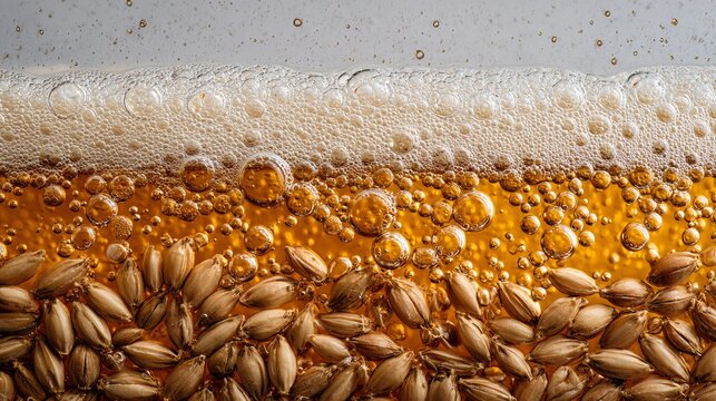 A macro top-down shot focusing on foam bubbles in beer with barley grains framing the glass on a neutral surface