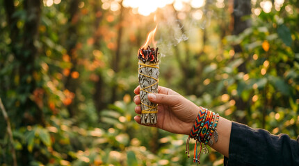 Fototapeta premium Hand holding a burning sage smudge stick in a forest setting