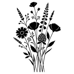 Naklejka premium Vector Black Silhouette of Floral Sketch Elements Isolated on a White Background