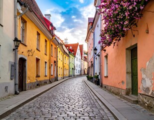 Fototapeta premium A charming cobblestone street lined with vibrant buildings and blooming flowers under a blue cloudy sky