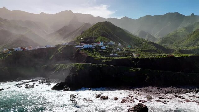 Drone pan of Almaciga beach and rugged cliffs, Anaga, Tenerife