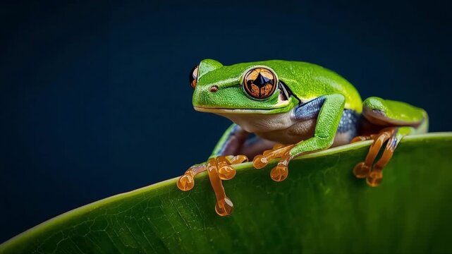 Tree frog perched on a vibrant green leaf in high definition motion video capturing nature in the deep rainforest