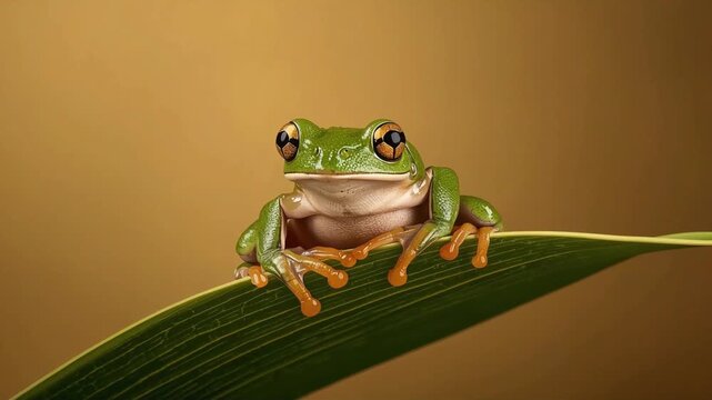 Green tree frog sitting on a tropical leaf blink motion video footage showing detailed amphibian eyes and vibrant skin texture