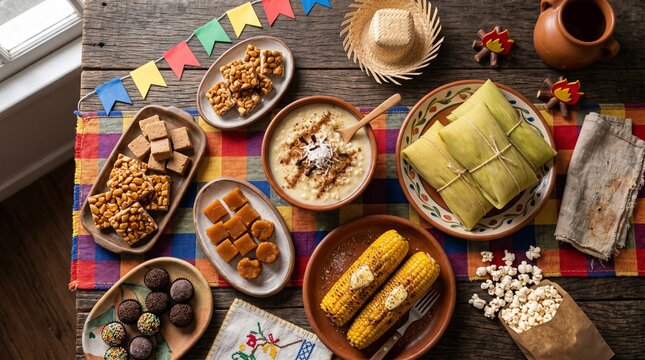Traditional brazilian festa junina food spread on a rustic wooden table