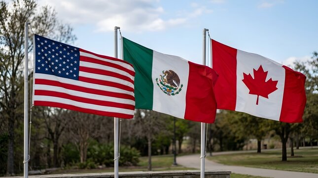 North american flags flying united states mexico and canada representing international relations