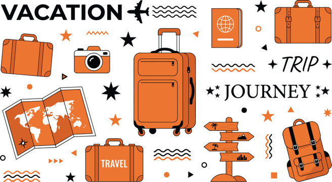 Travel illustration with luggage, backpack, camera, passport, map, signpost, vacation text, and adventure journey vector design elements